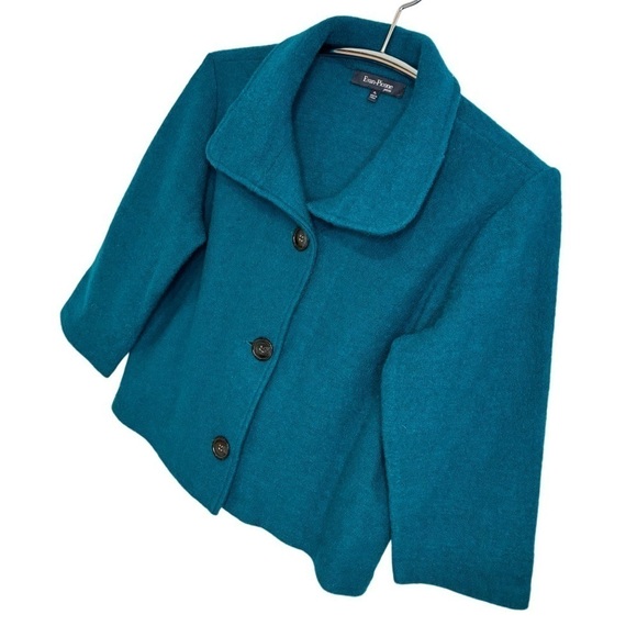 EVAN-PICONE 100% WOOL 3-BUTTON COLLARED TEAL CARDIGAN BLAZER, 3/4 SLEEVE, PL - Picture 3 of 10